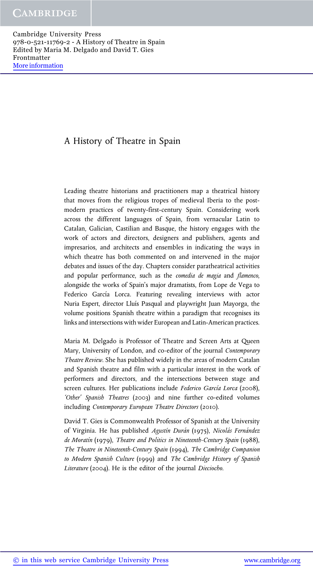 A History of Theatre in Spain Edited by Maria M