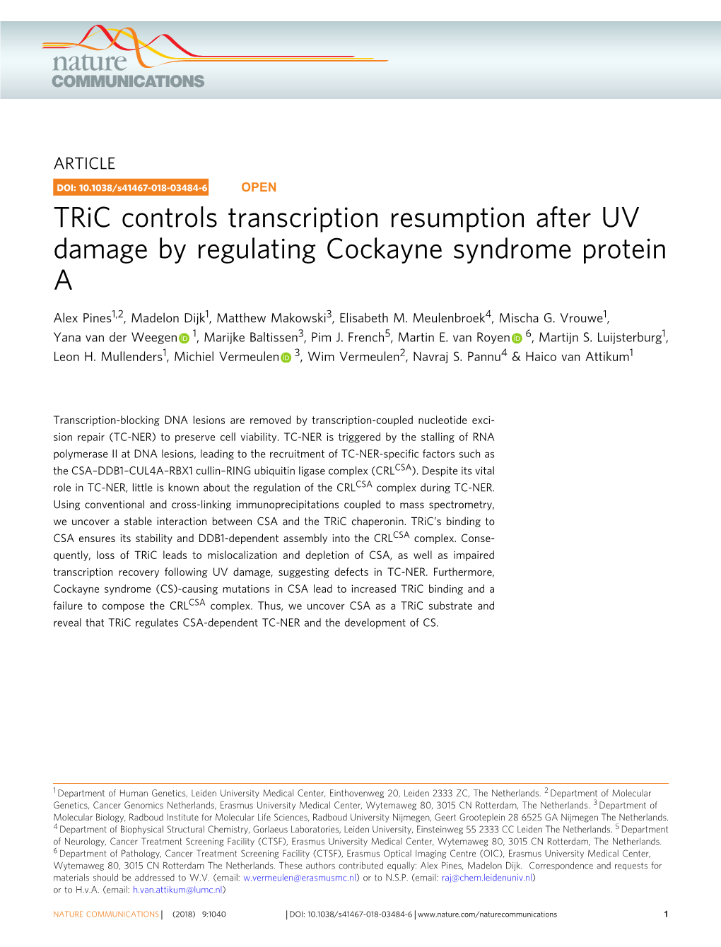 Tric Controls Transcription Resumption After UV Damage by Regulating Cockayne Syndrome Protein A