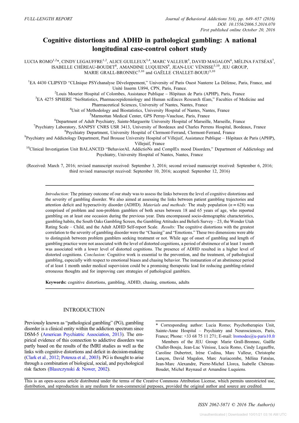 Cognitive Distortions and ADHD in Pathological Gambling: a National Longitudinal Case-Control Cohort Study