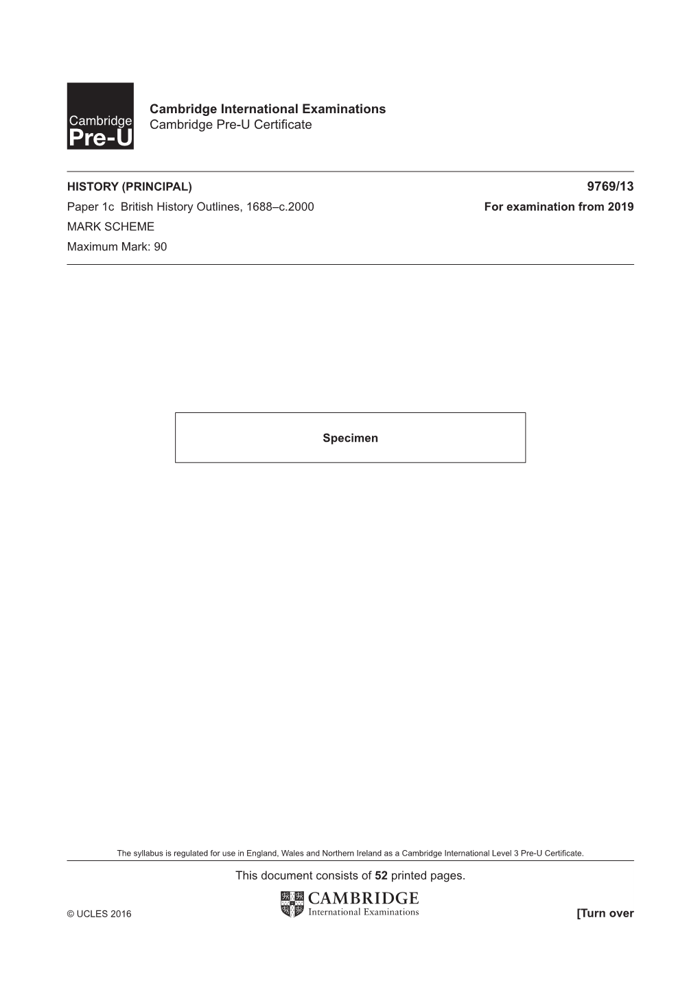 2019 Specimen Mark Scheme Paper 13