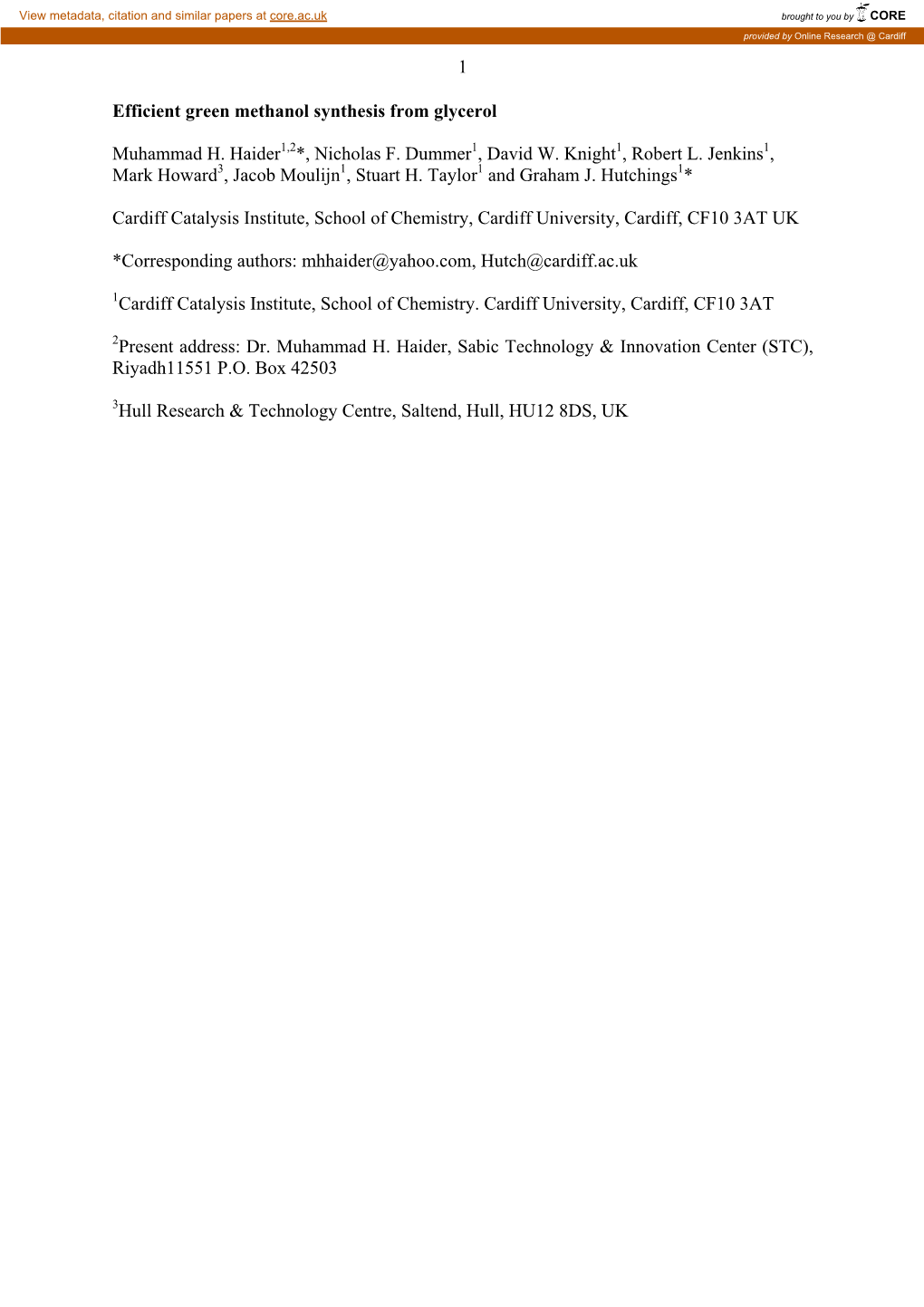 1 Efficient Green Methanol Synthesis from Glycerol Muhammad H. Haider