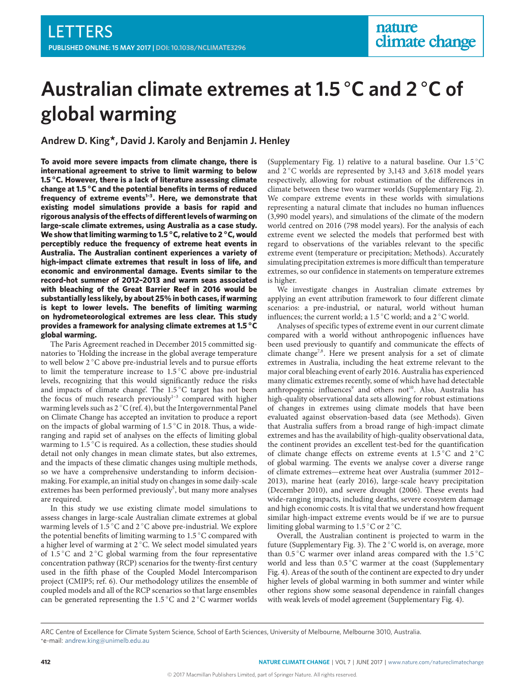 Australian Climate Extremes at 1.5C and 2C of Global Warming