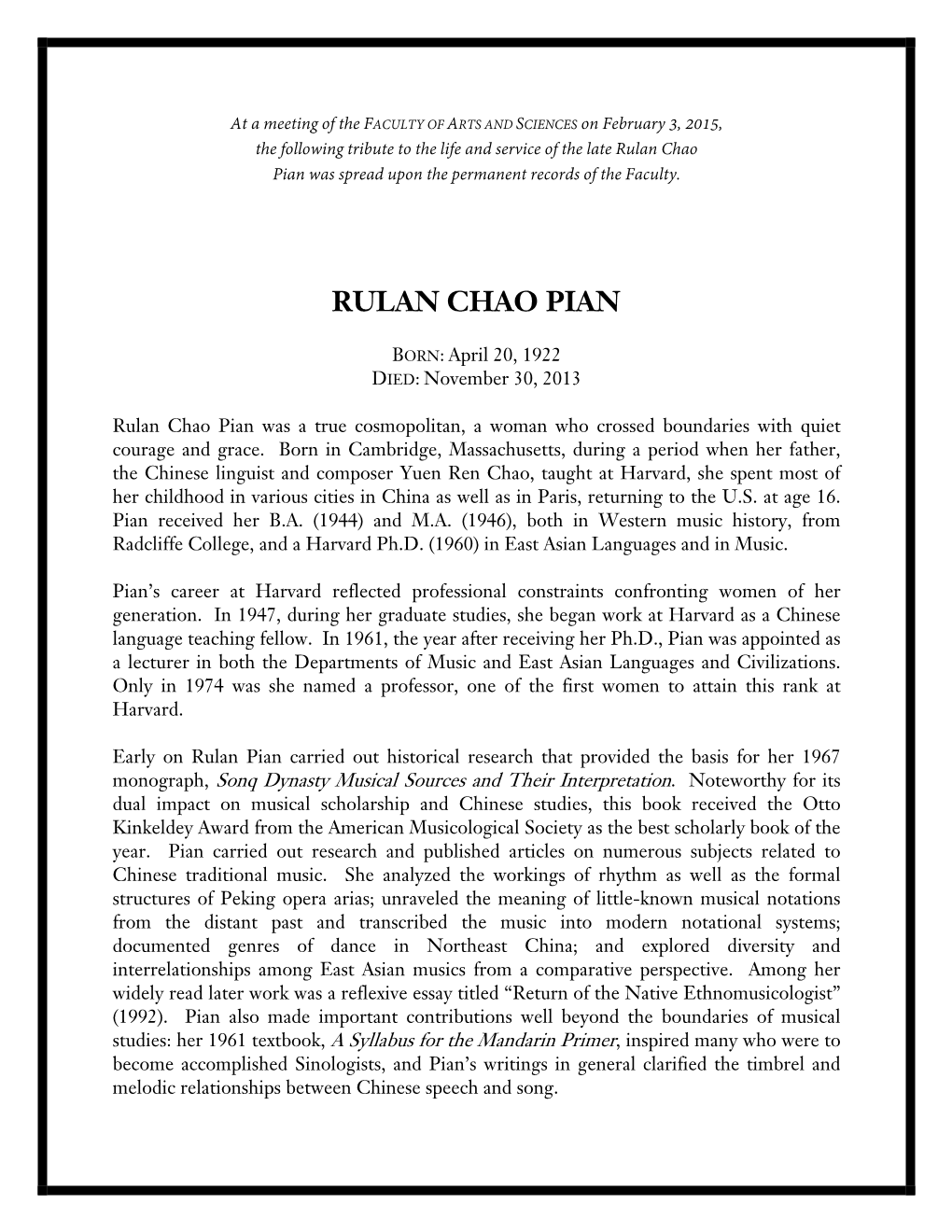 Rulan Chao Pian Was Spread Upon the Permanent Records of the Faculty