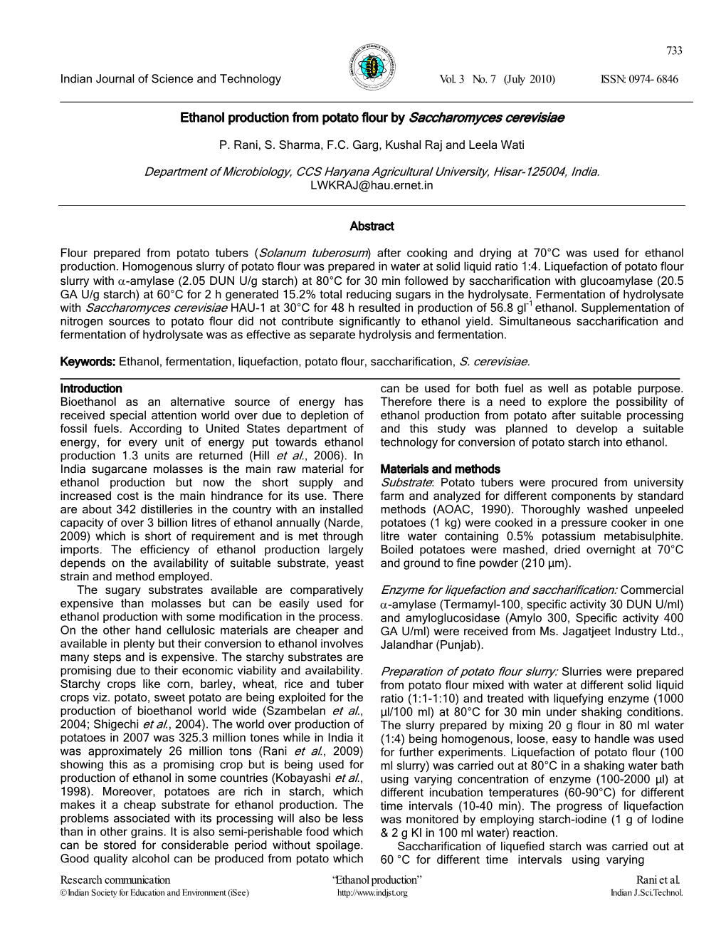 Ethanol Production from Potato Flour by Saccharomyces Cerevisiae