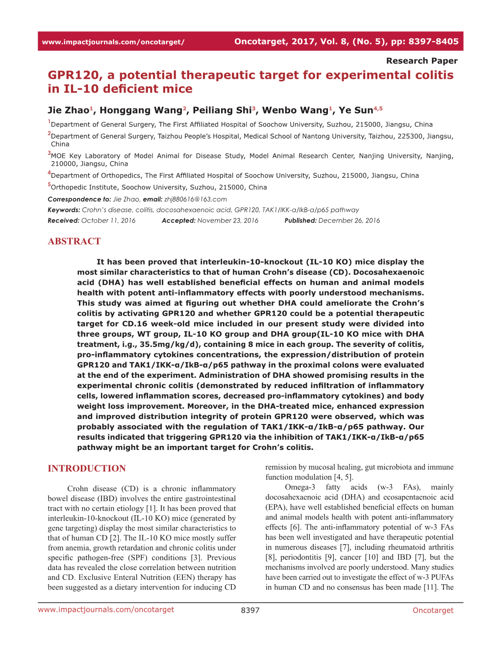 GPR120, a Potential Therapeutic Target for Experimental Colitis in IL-10 Deficient Mice