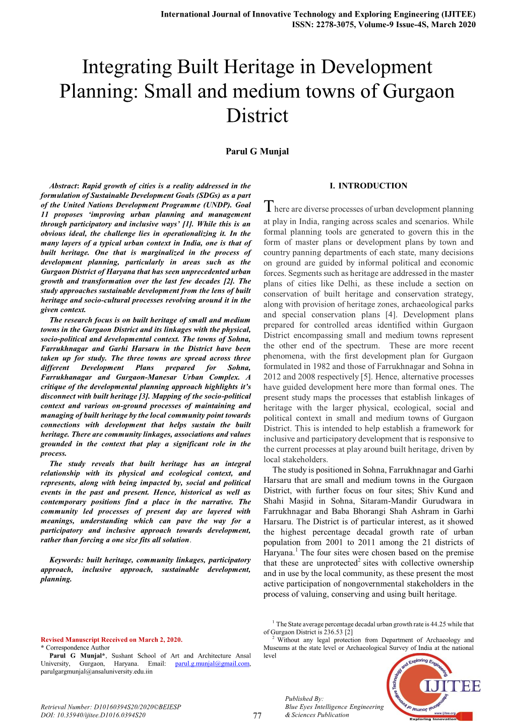 Integrating Built Heritage in Development Planning: Small and Medium Towns of Gurgaon District