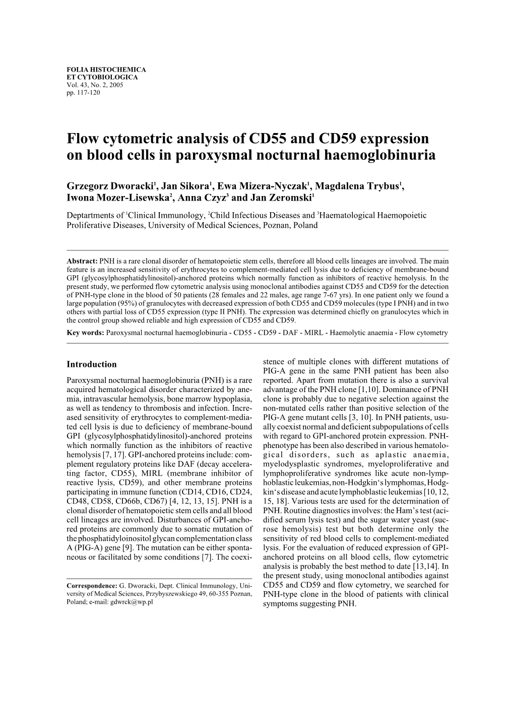 Flow Cytometric Analysis of CD55 and CD59 Expression on Blood Cells in Paroxysmal Nocturnal Haemoglobinuria