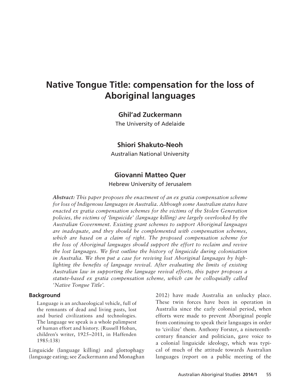 Native Tongue Title: Compensation for the Loss of Aboriginal Languages