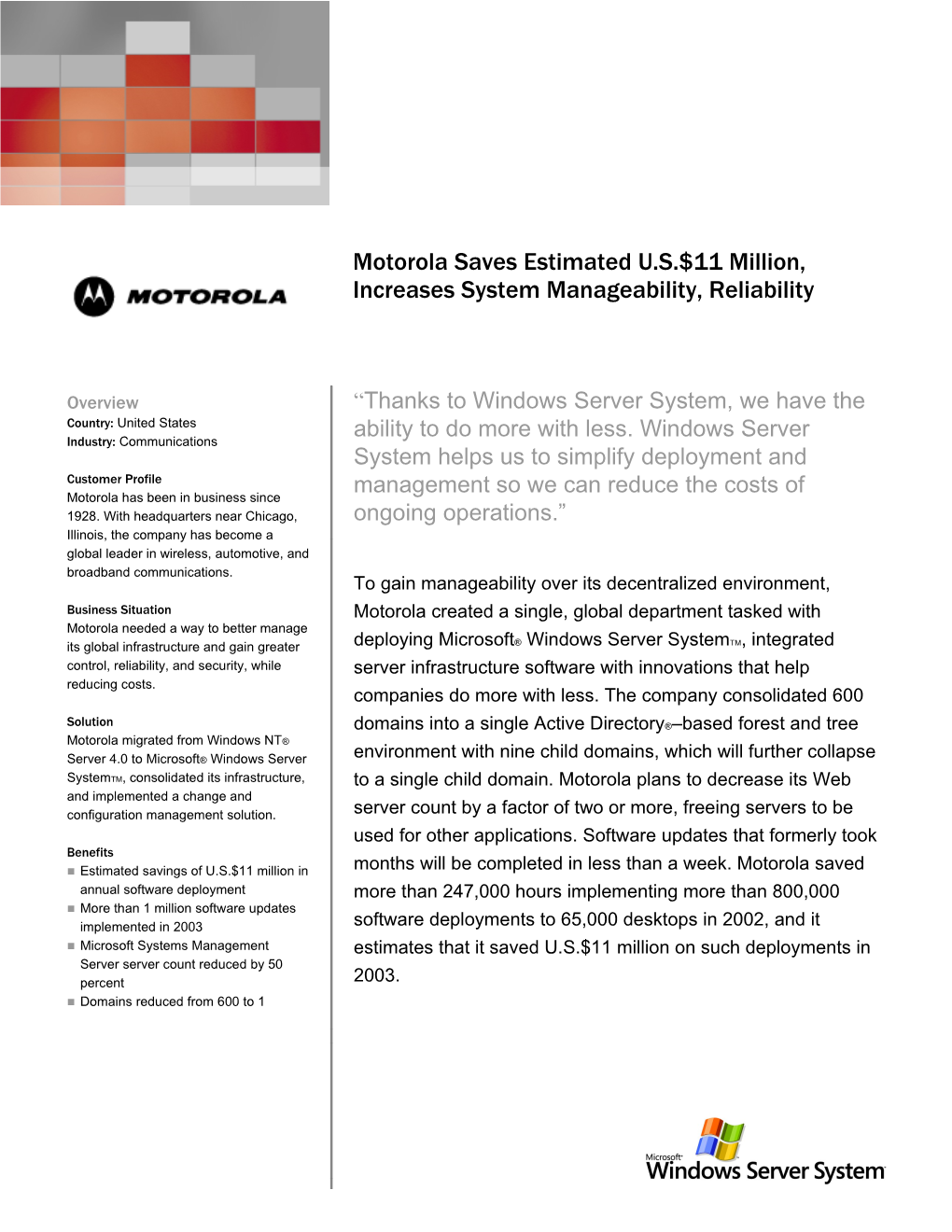 Writeimage CEP Motorola Saves About US$11 Million, Increases System Manageability, Reliability