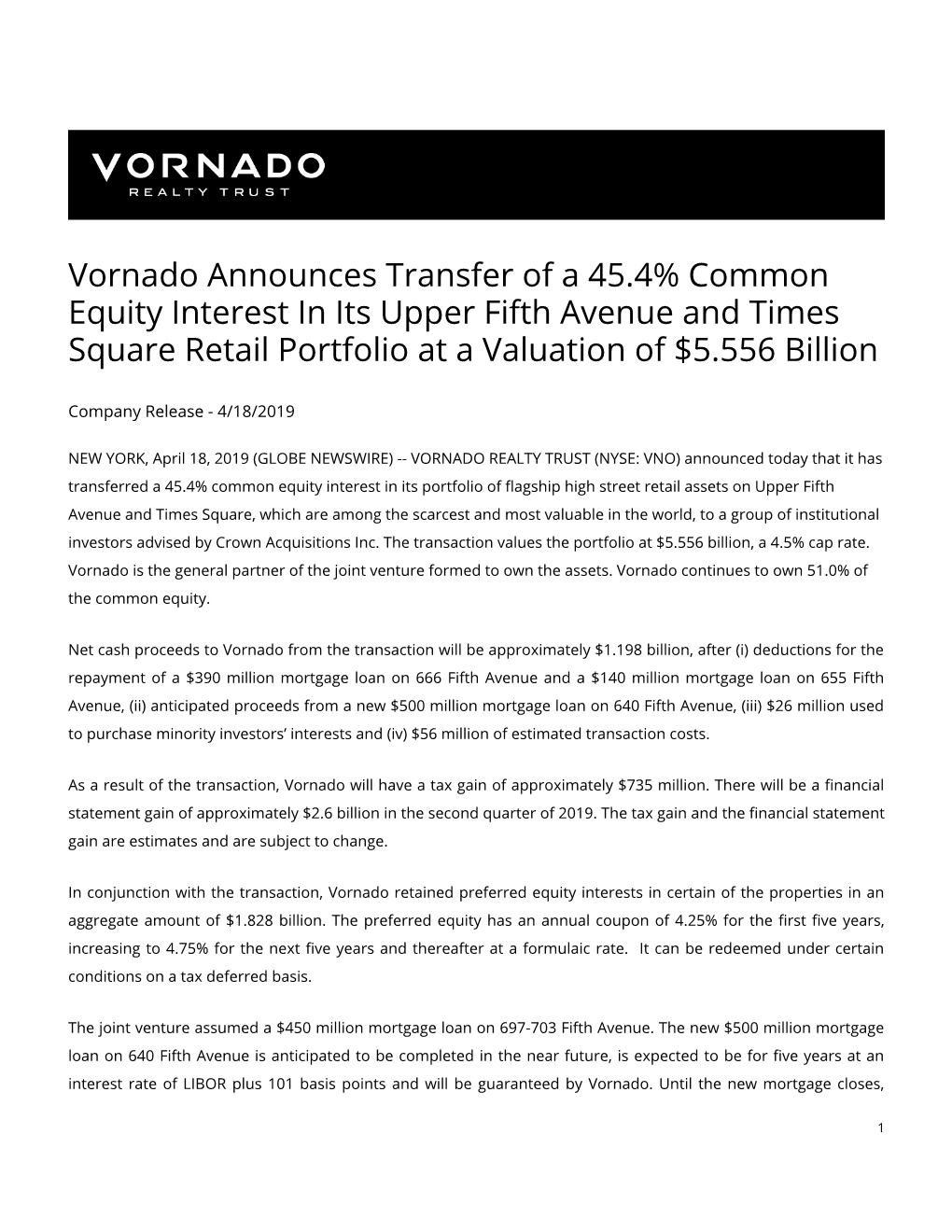 Vornado Announces Transfer of a 45.4% Common Equity Interest in Its Upper Fifth Avenue and Times Square Retail Portfolio at a Valuation of $5.556 Billion