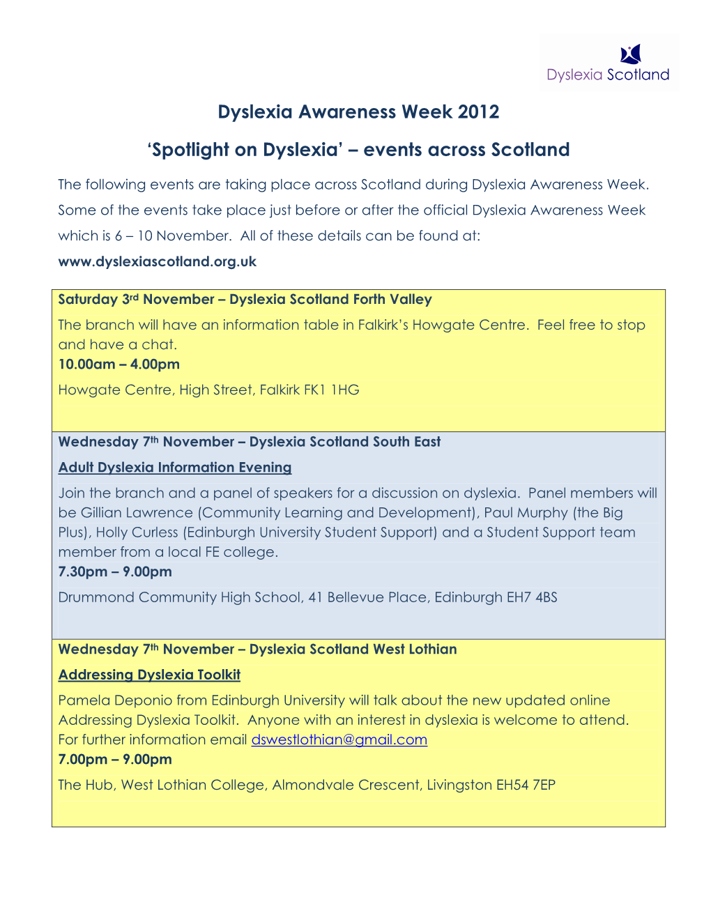 Dyslexia Awareness Week 2012 'Spotlight on Dyslexia' – Events