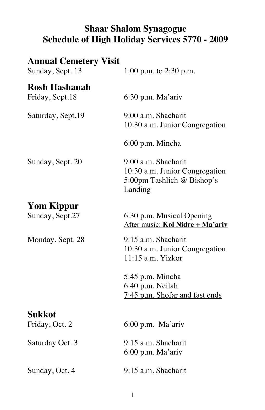 Shaar Shalom Synagogue Schedule of High Holiday Services 5770 - 2009