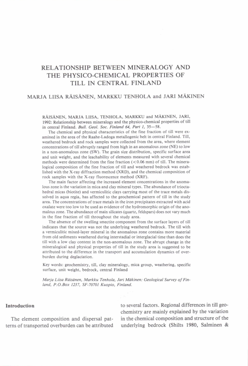 Relationship Between Mineralogy and the Physico-Chemical Properties of Till in Central Finland