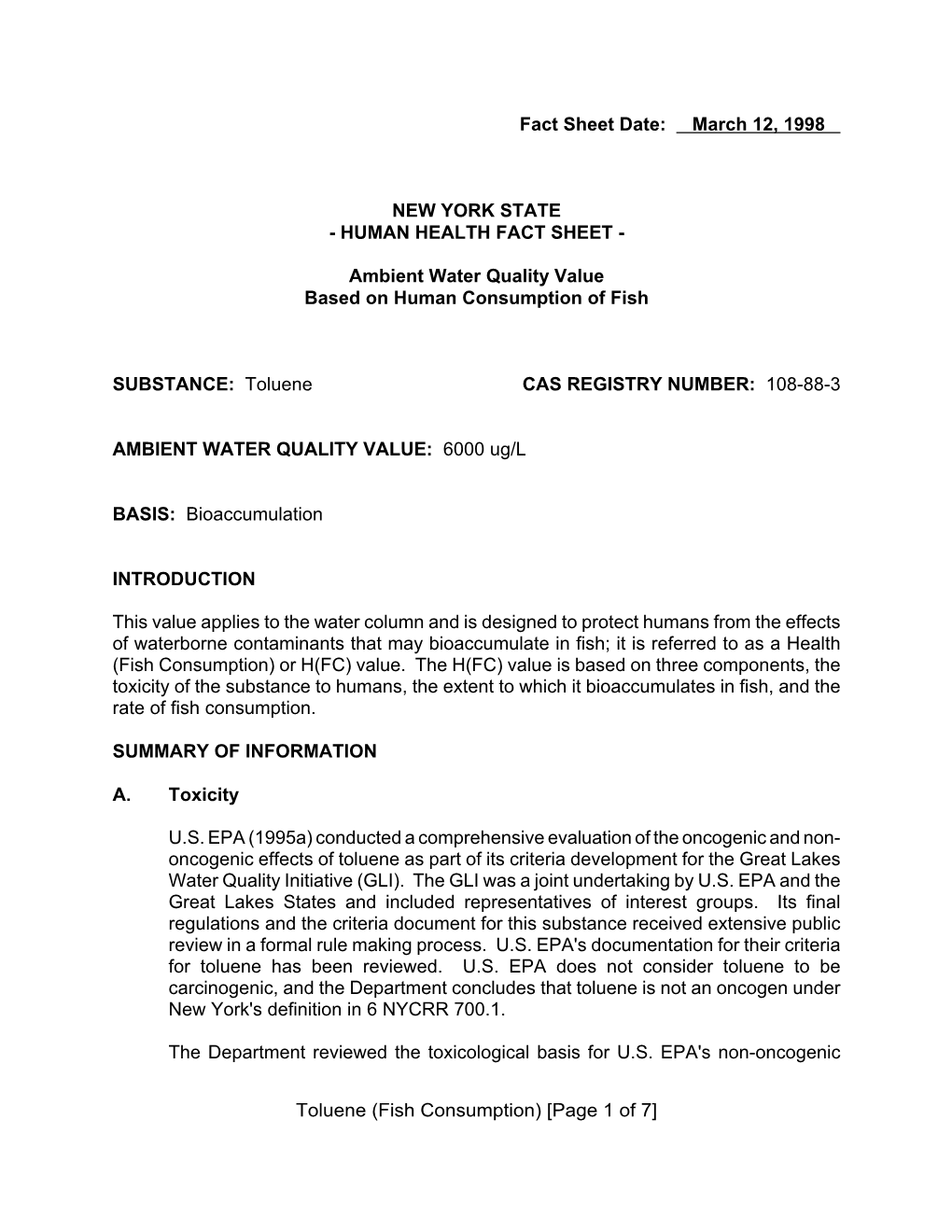 Toluene (Fish Consumption) [Page 1 of 7] Fact Sheet Date: March 12