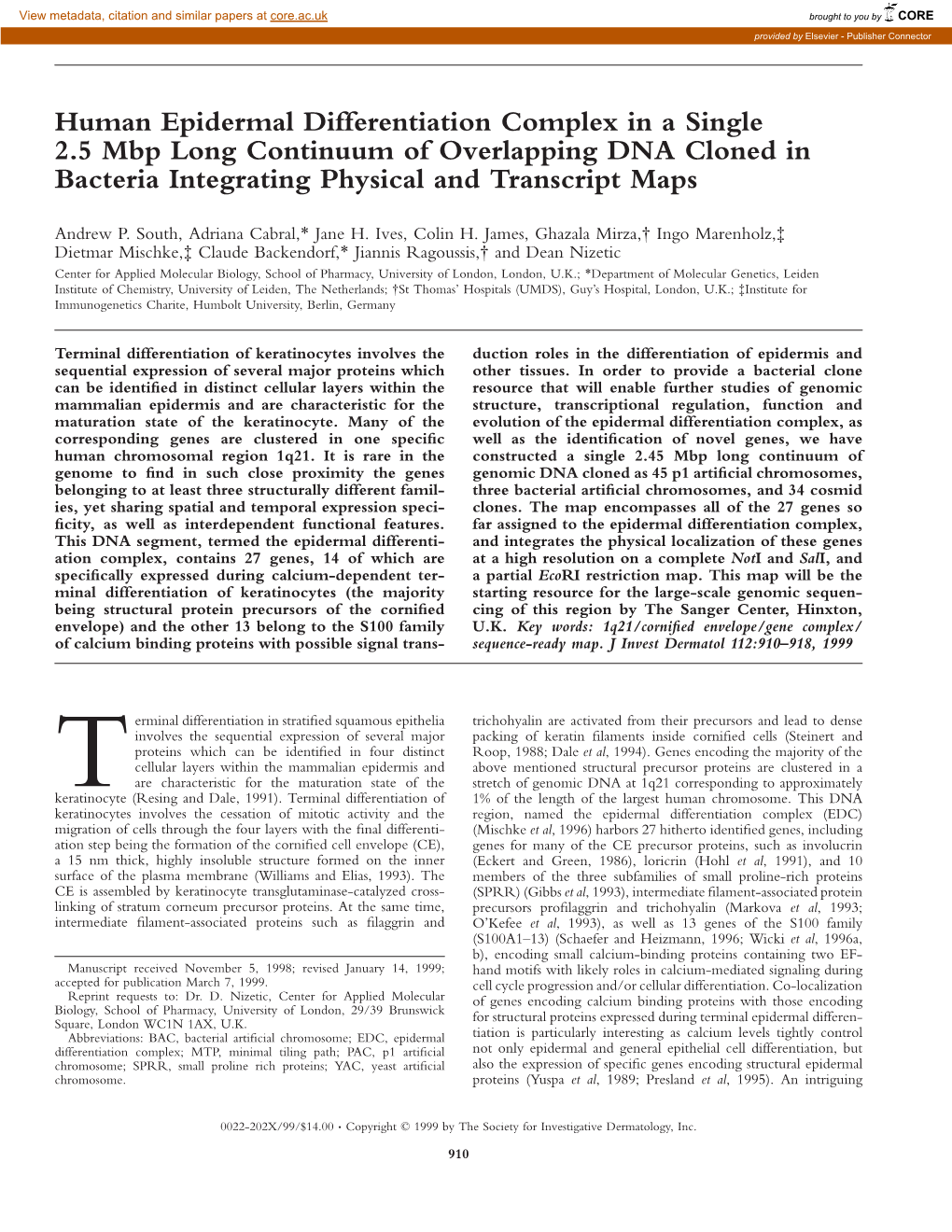 Human Epidermal Differentiation Complex in a Single 2.5 Mbp Long Continuum of Overlapping DNA Cloned in Bacteria Integrating Physical and Transcript Maps