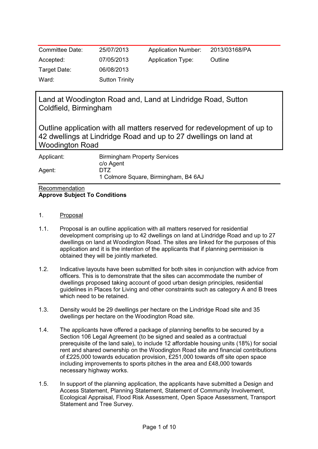 Land at Woodington Road And, Land at Lindridge Road, Sutton Coldfield, Birmingham Outline Application with All Matters Reserved