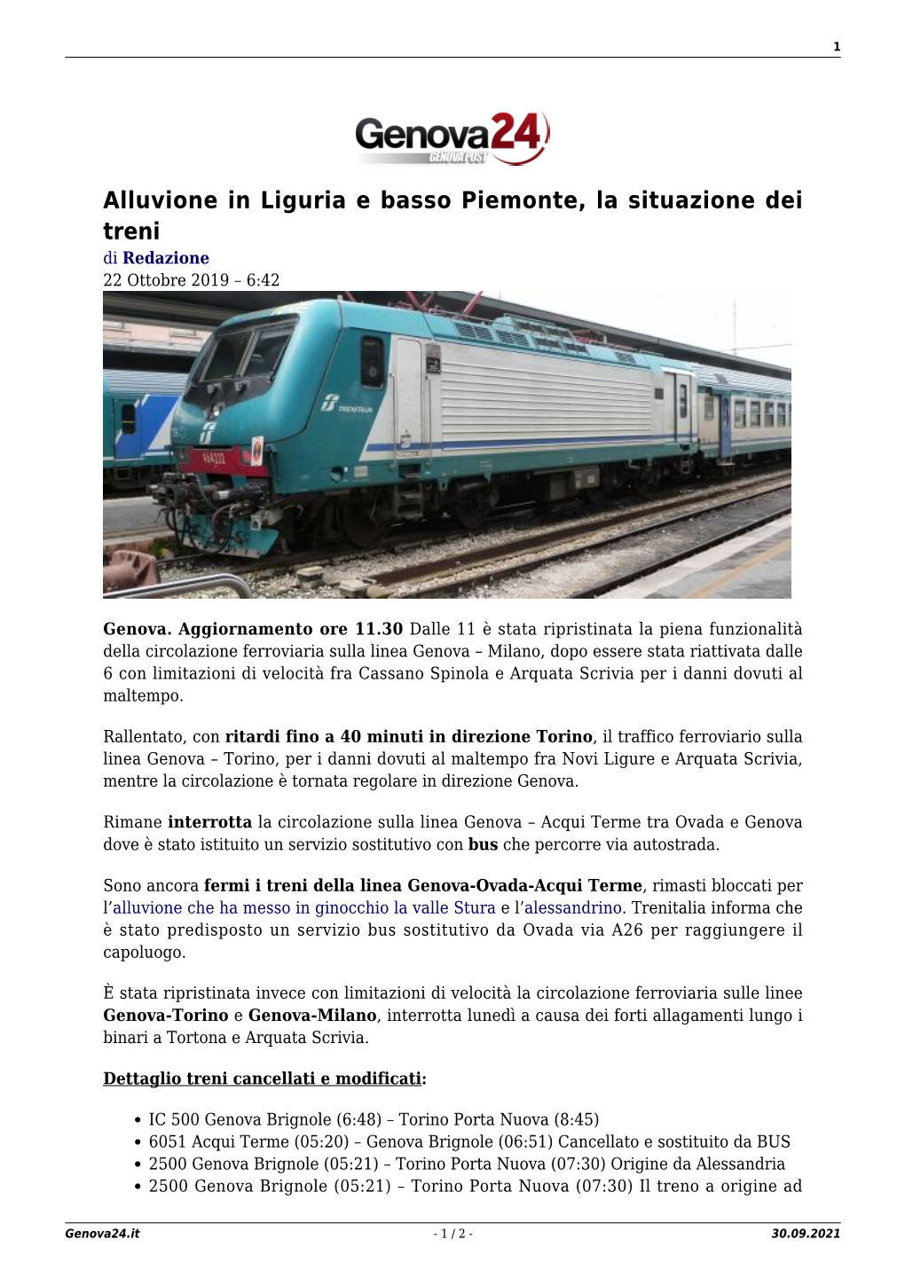 Alluvione in Liguria E Basso Piemonte, La Situazione Dei Treni Di Redazione 22 Ottobre 2019 – 6:42