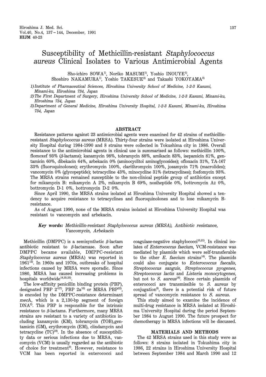 Susceptibility of Methicillin-Resistant Staphylococcus Aureus Clinical Isolates to Various Antimicrobial Agents