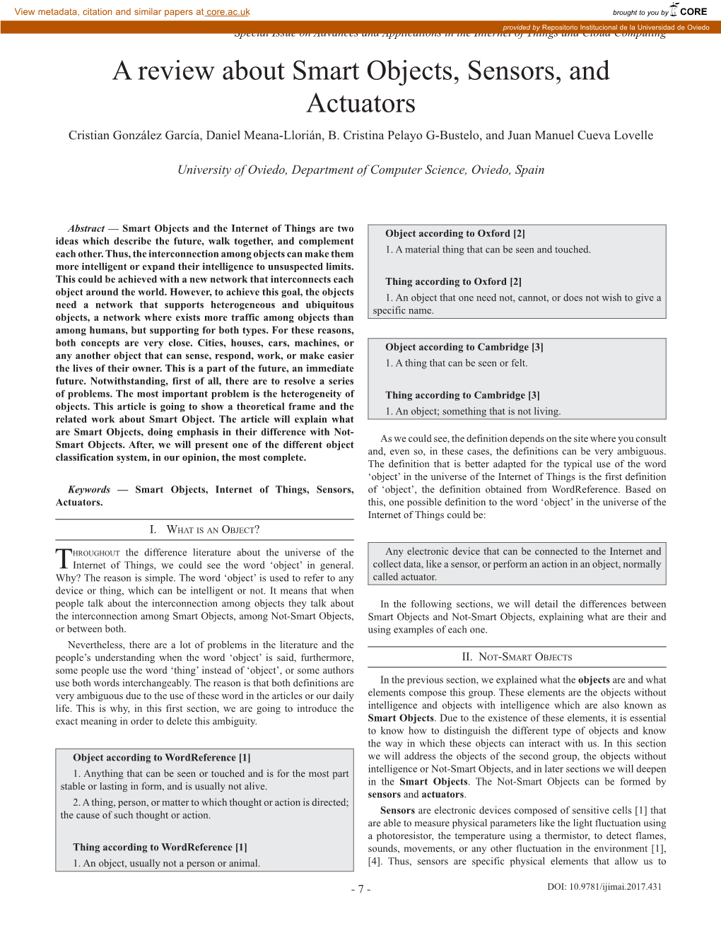 A Review About Smart Objects, Sensors, and Actuators Cristian González García, Daniel Meana-Llorián, B