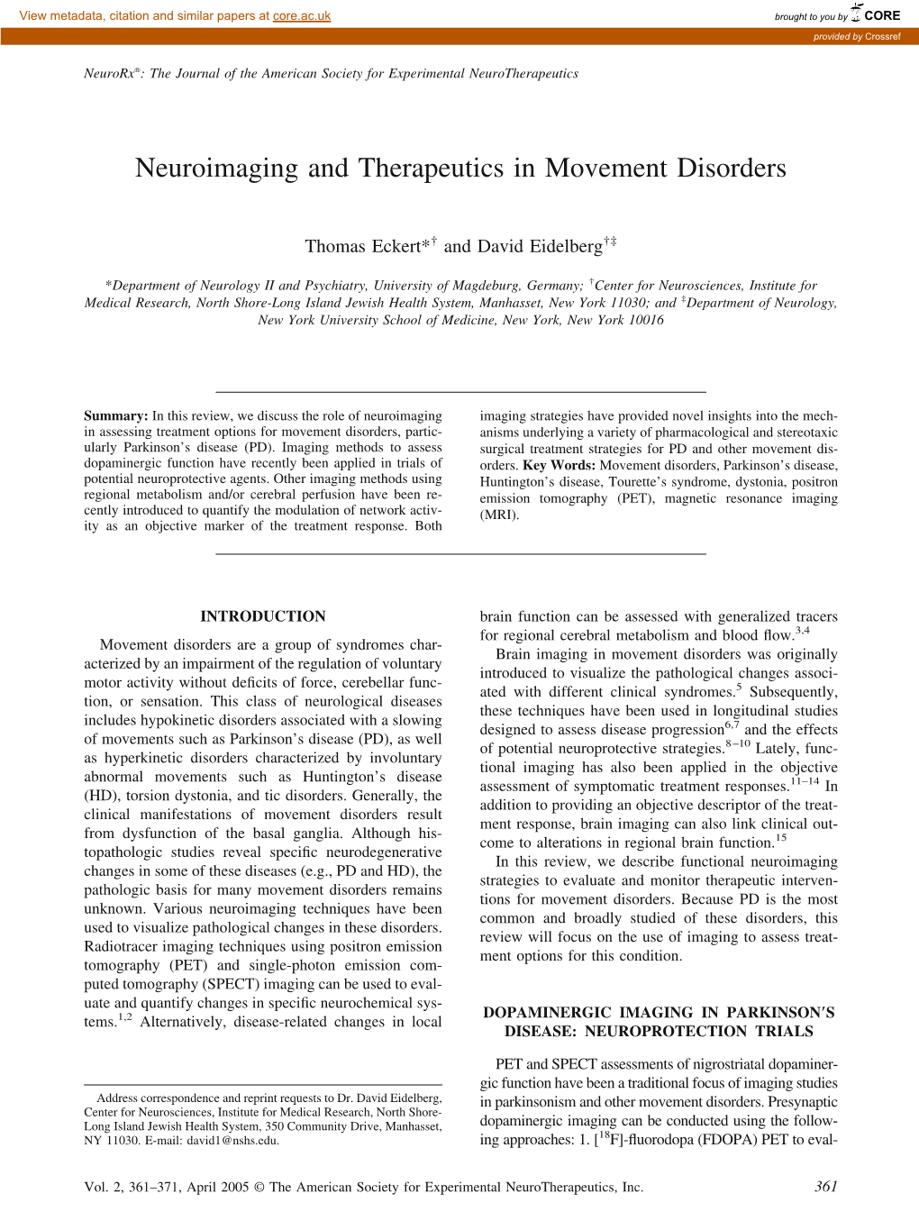 Neuroimaging and Therapeutics in Movement Disorders