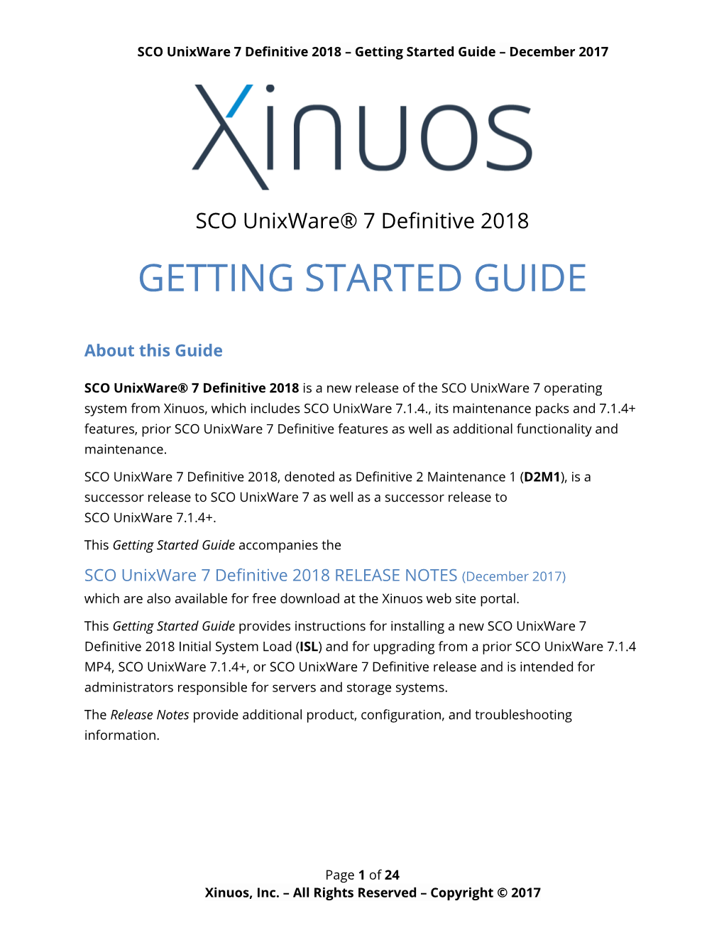 SCO Unixware 7 Definitive 2018 – Getting Started Guide – December 2017