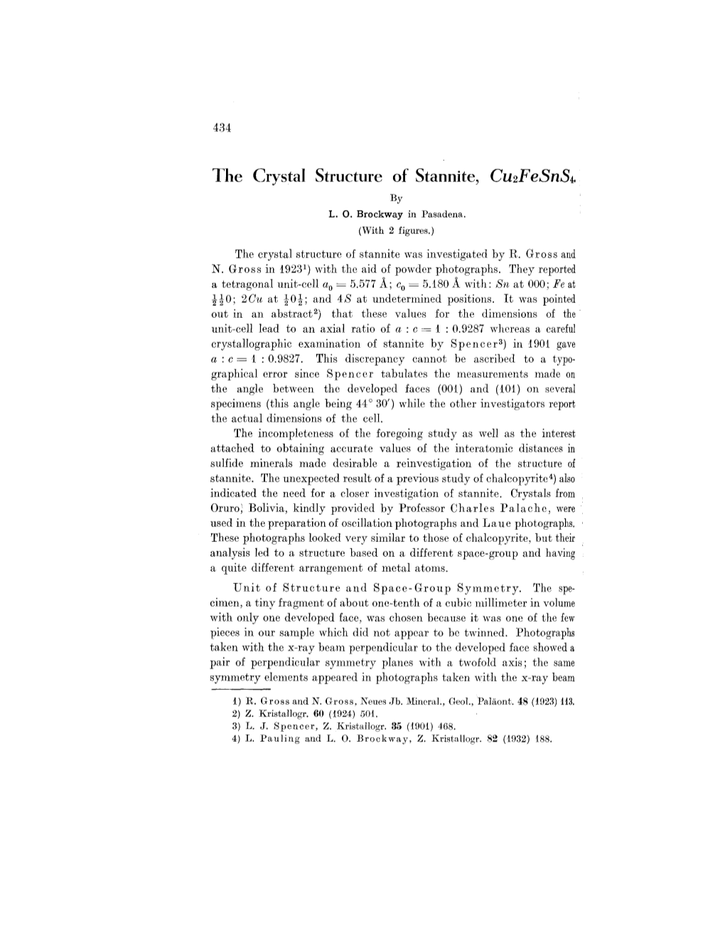 The Crystal Structure of Stannite, Cu2fesns4. by L