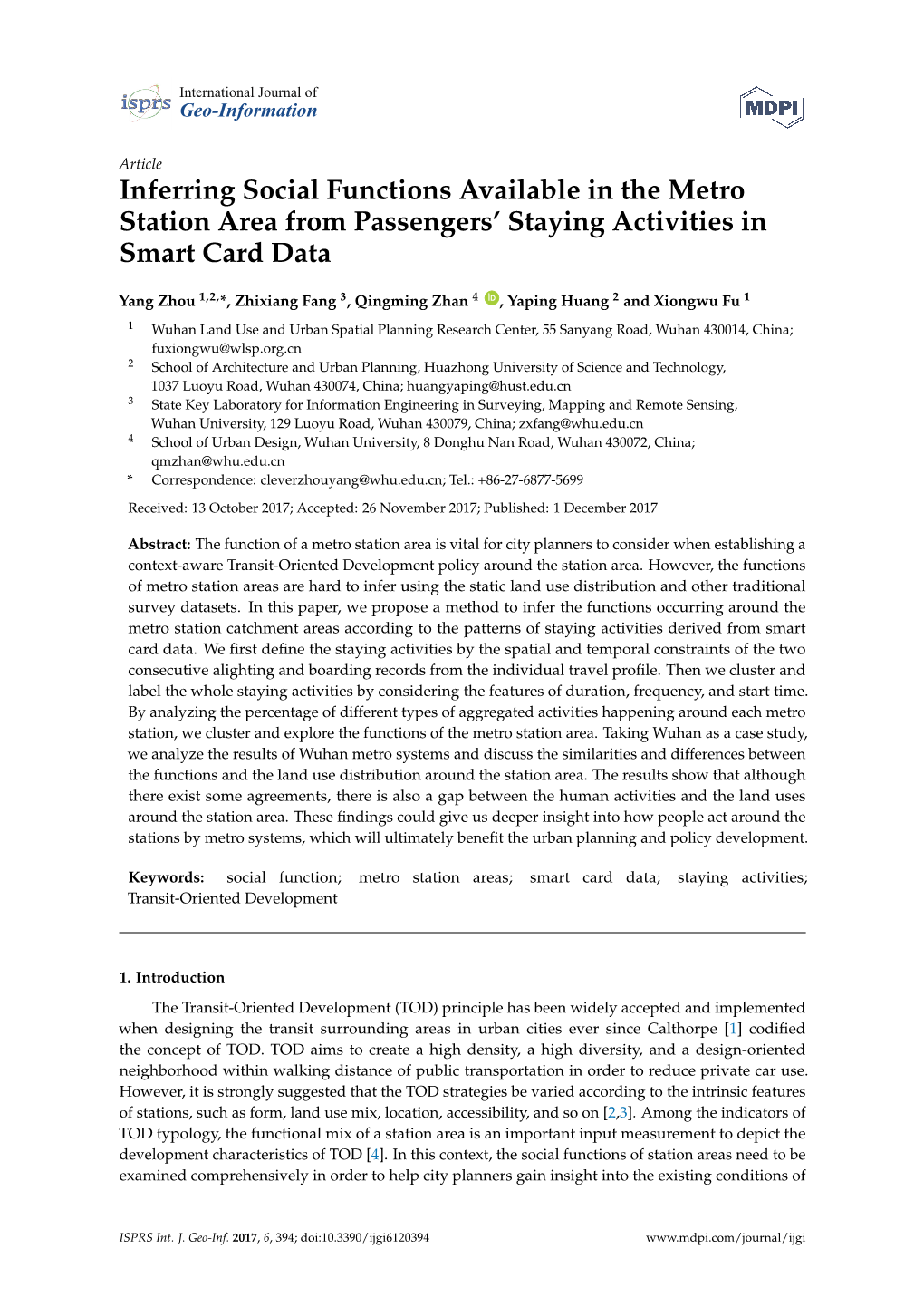 Inferring Social Functions Available in the Metro Station Area from Passengers’ Staying Activities in Smart Card Data