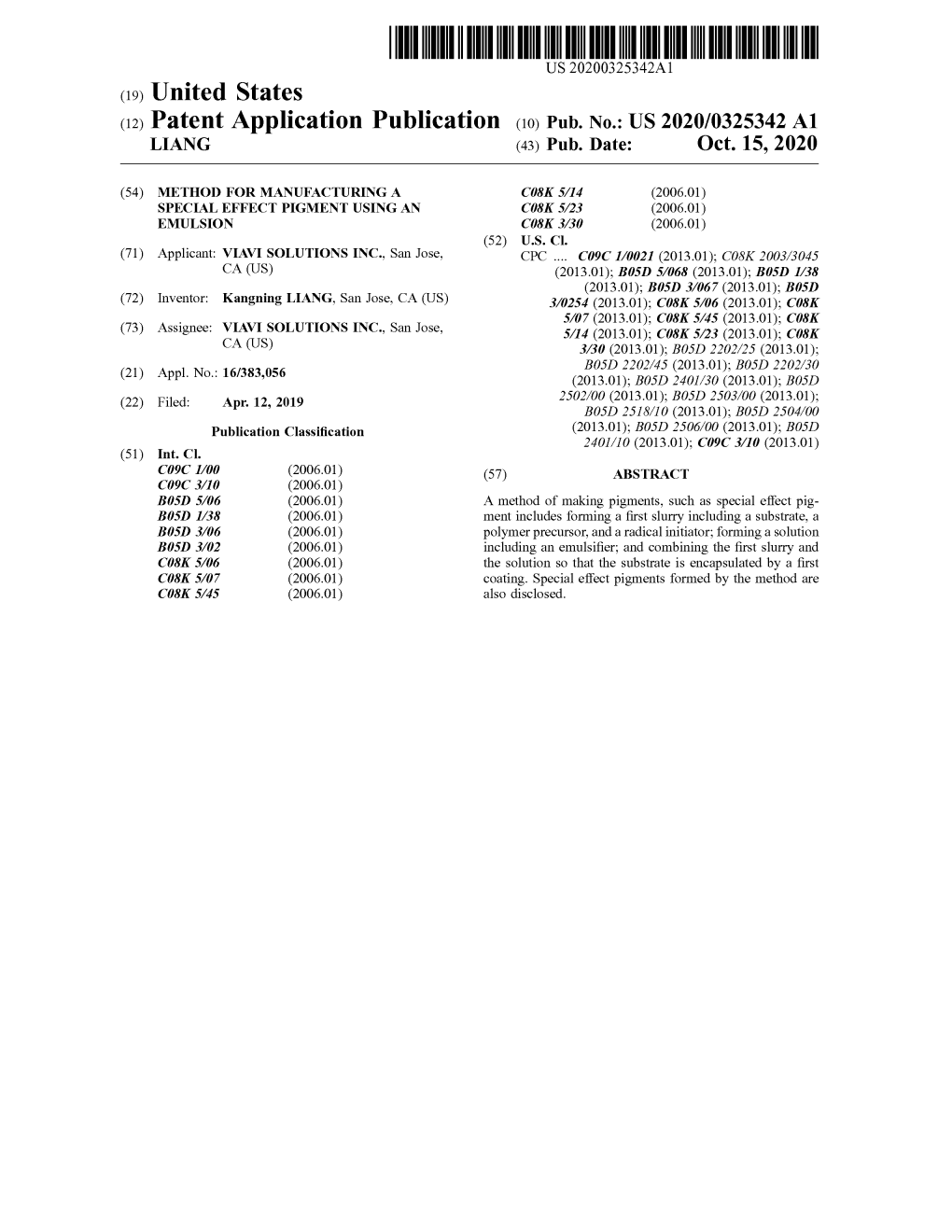 ( 12 ) Patent Application Publication ( 10 ) Pub . No .: US 2020/0325342 A1 LIANG (43 ) Pub