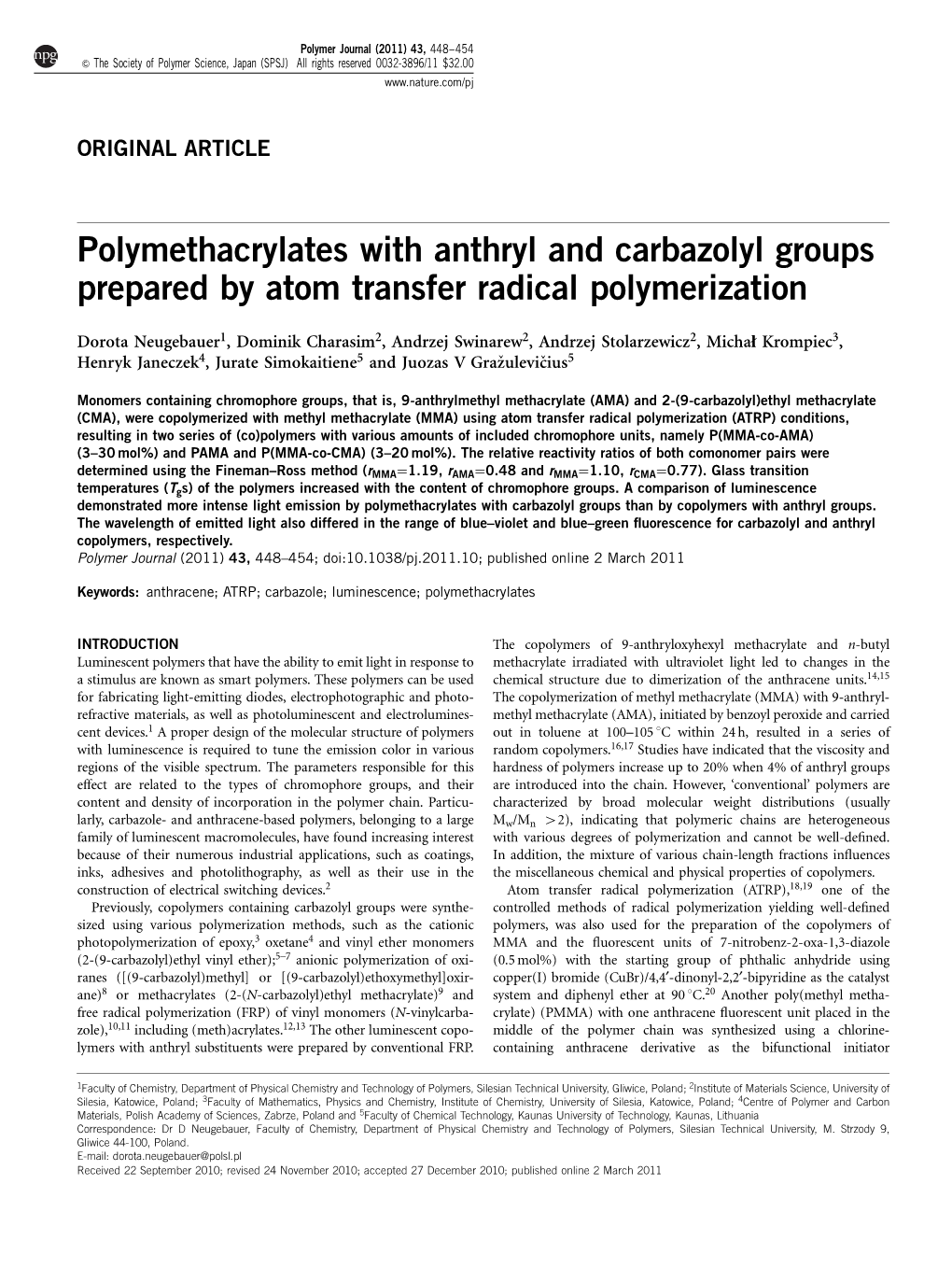 Polymethacrylates with Anthryl and Carbazolyl Groups Prepared by Atom Transfer Radical Polymerization