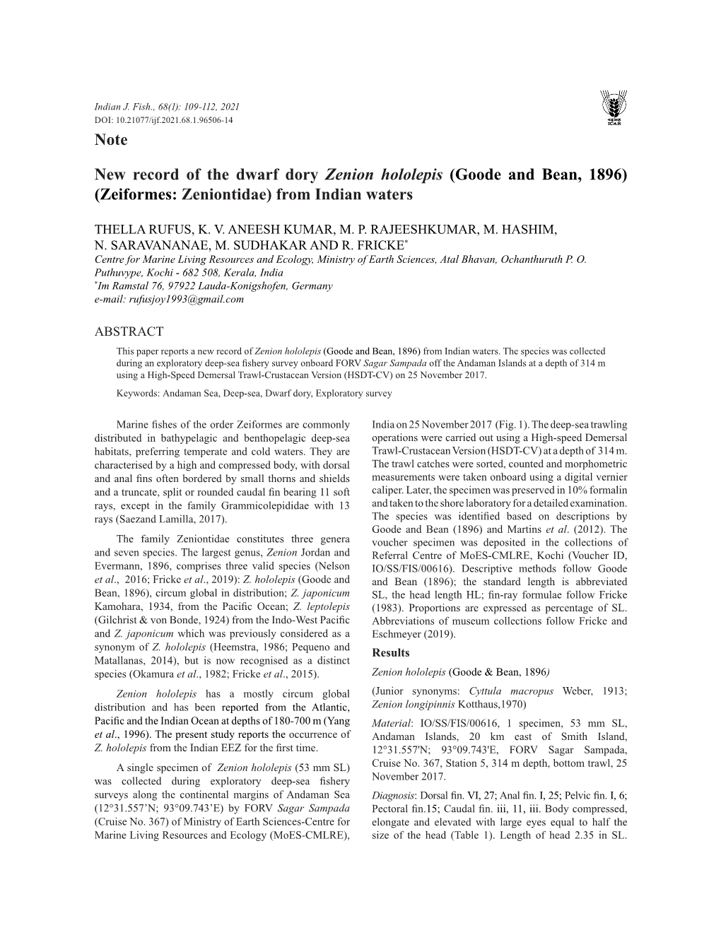 New Record of the Dwarf Dory Zenion Hololepis (Goode and Bean, 1896) (Zeiformes: Zeniontidae) from Indian Waters