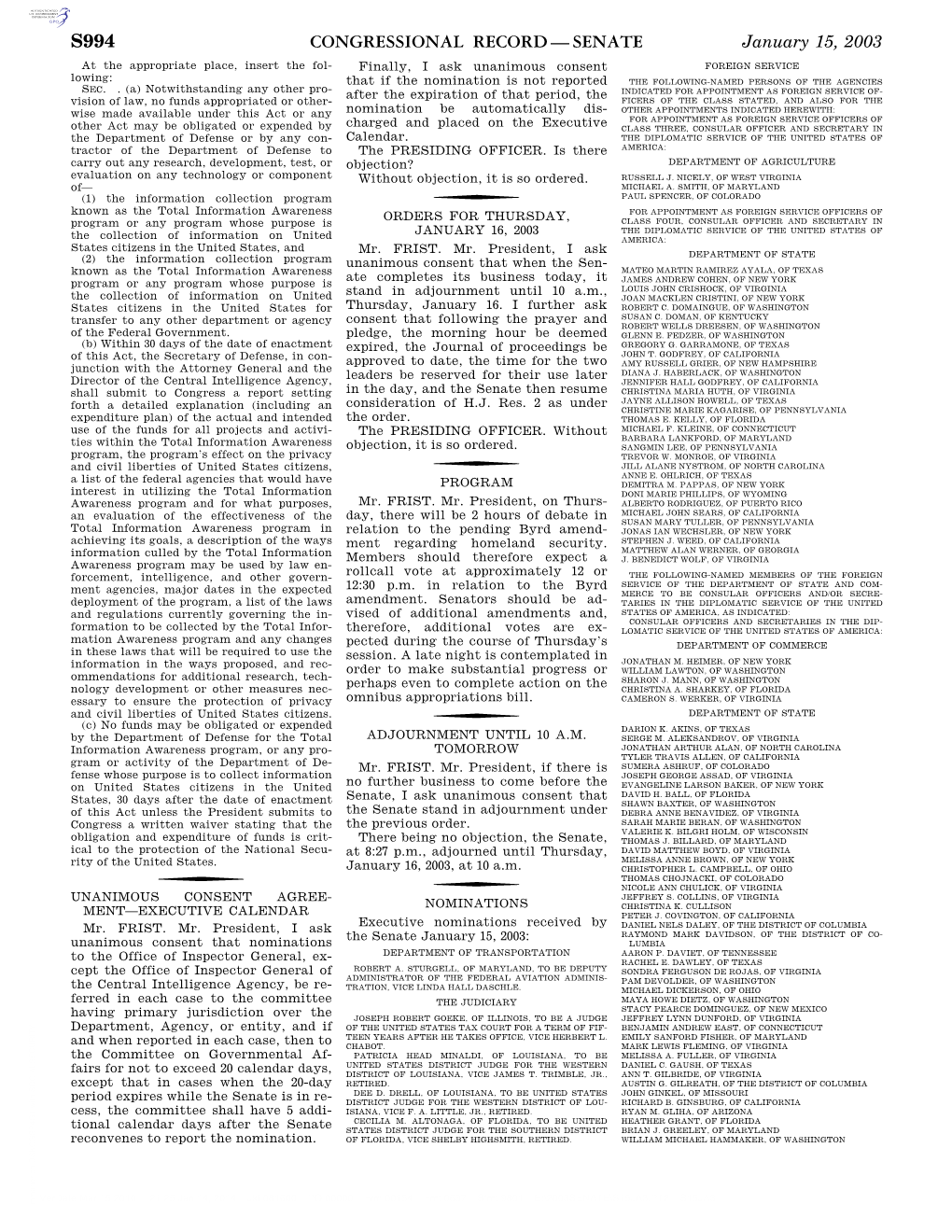 Congressional Record—Senate S994