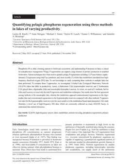 Quantifying Pelagic Phosphorus Regeneration Using Three Methods in Lakes of Varying Productivity Lesley B