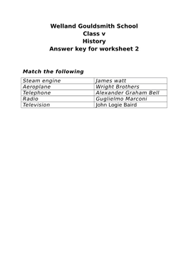 Welland Gouldsmith School Class V History Answer Key for Worksheet 2