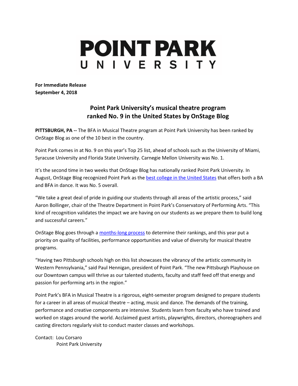 Point Park University's Musical Theatre Program Ranked No. 9 in the United