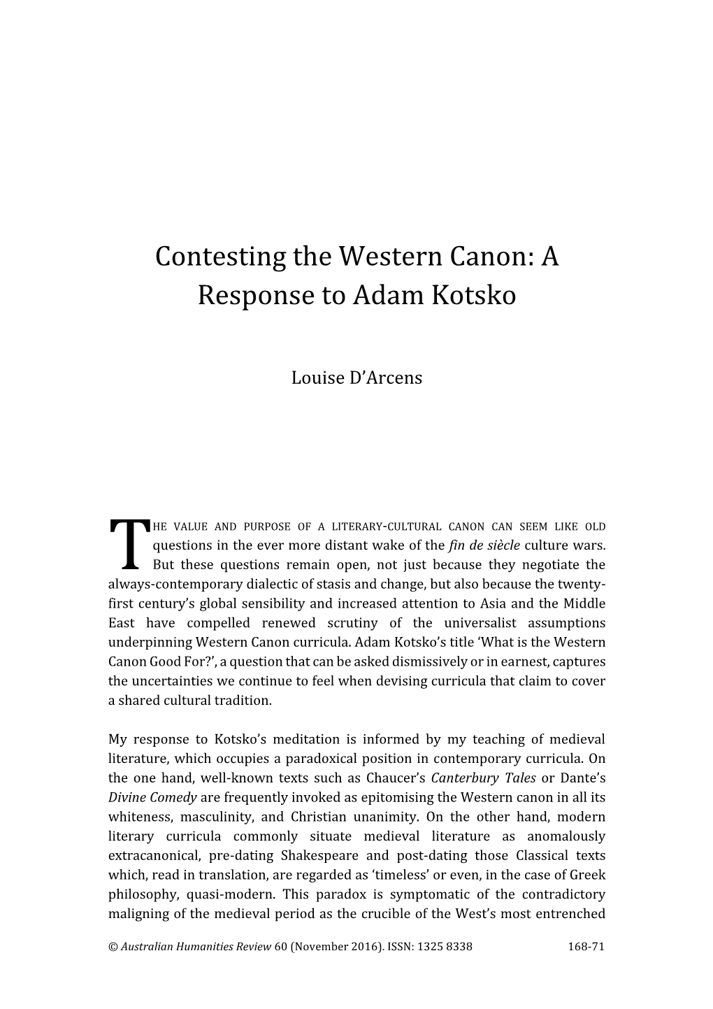 Contesting the Western Canon: a Response to Adam Kotsko