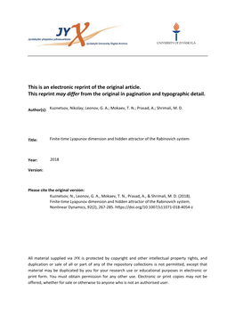 Finite-Time Lyapunov Dimension and Hidden Attractor of the Rabinovich System