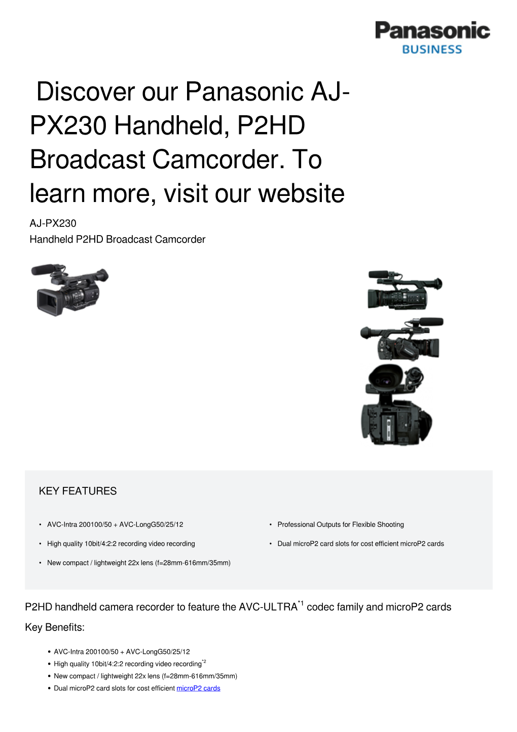 Discover Our Panasonic AJ- PX230 Handheld, P2HD Broadcast Camcorder