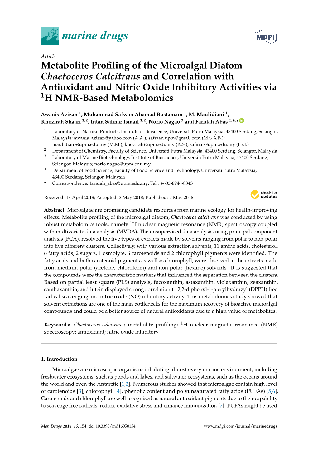 Metabolite Profiling of the Microalgal Diatom Chaetoceros Calcitrans And