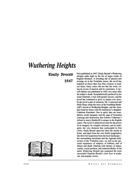 Wuthering Heights First Published in 1847, Emily Wuthering Emily Bronte Heights Ranks High on the Listbronte'sof Major Works of English Literature