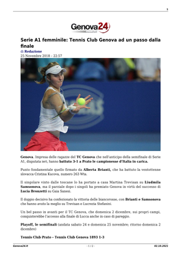 Serie A1 Femminile: Tennis Club Genova Ad Un Passo Dalla ﬁnale Di Redazione 25 Novembre 2018 – 22:57