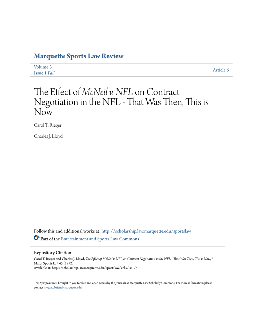 The Effect of Mcneil V. NFL on Contract Negotiation in the NFL - That Was Then, This Is Now, 3 Marq