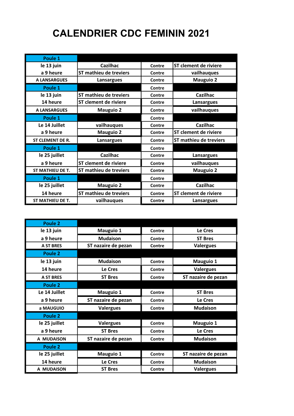 Calendrier Cdc Feminin 2021