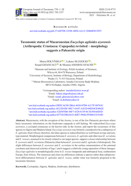 Arthropoda: Crustacea: Copepoda) Revisited – Morphology Suggests a Palearctic Origin