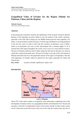 Geopolitical Value of Gwader for the Region (Mainly for Pakistan, China and the Region)