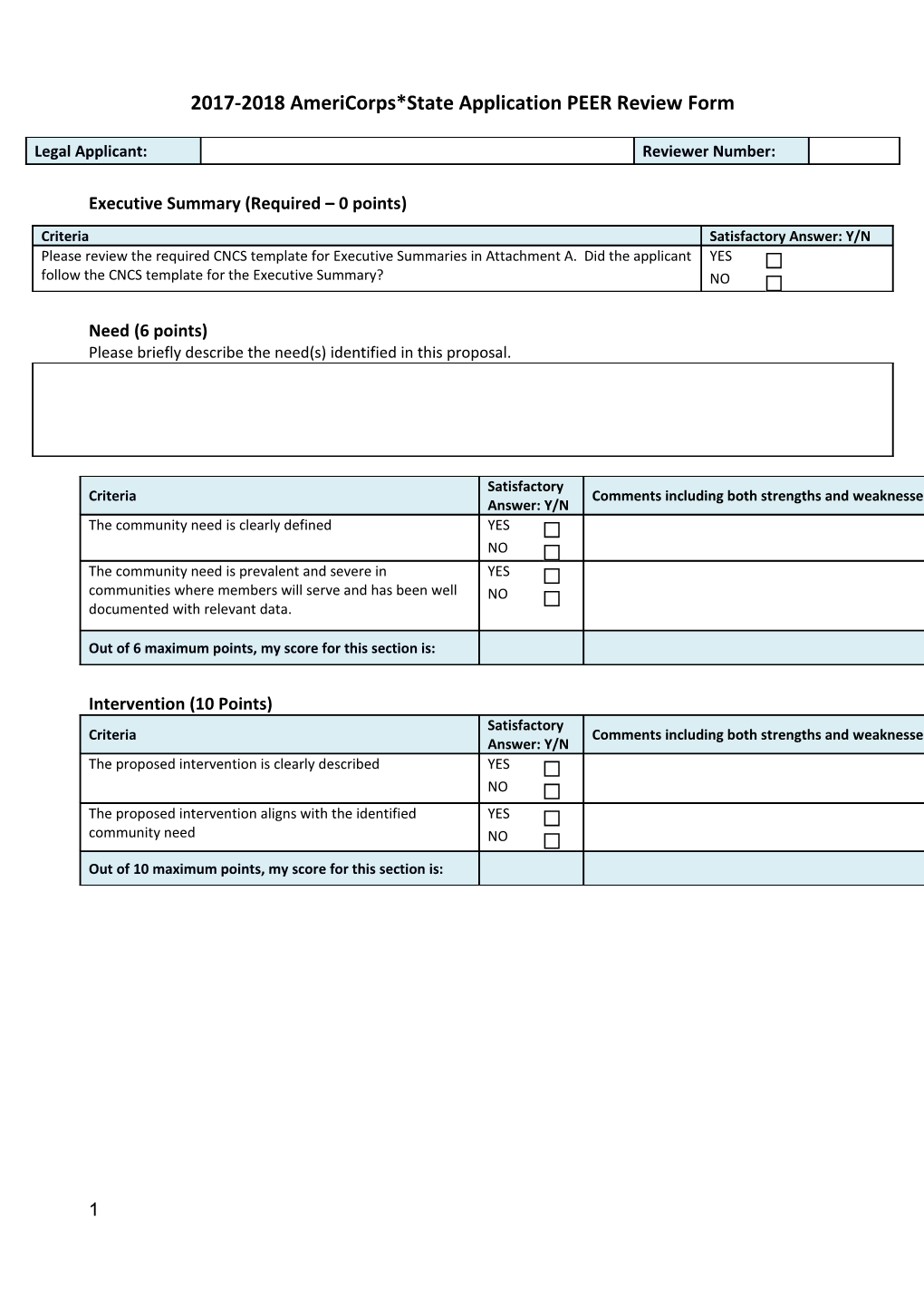 2017-2018 Americorps*State Application PEER Review Form