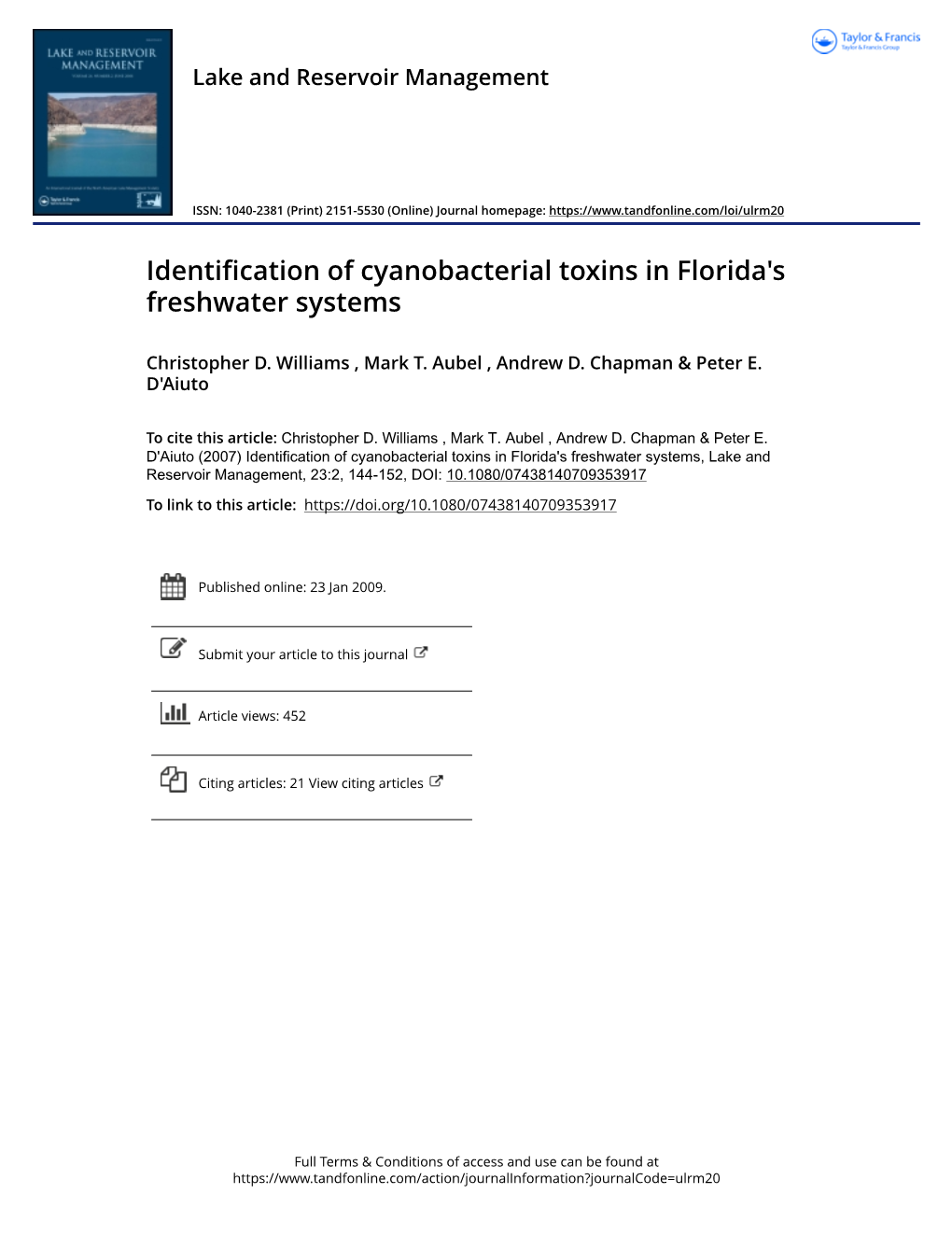 C-43 Identification of Cyanobacterial Toxins in Florida's Freshwater