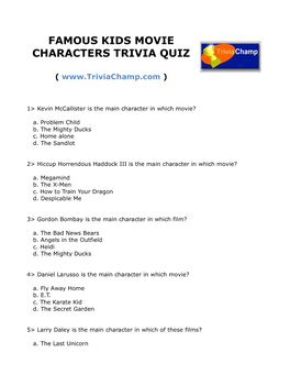 Famous Kids Movie Characters Trivia Quiz