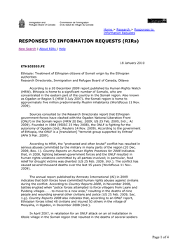 Treatment of Ethiopian Citizens of Somali Origin by the Ethiopian Authorities Research Directorate, Immigration and Refugee Board of Canada, Ottawa