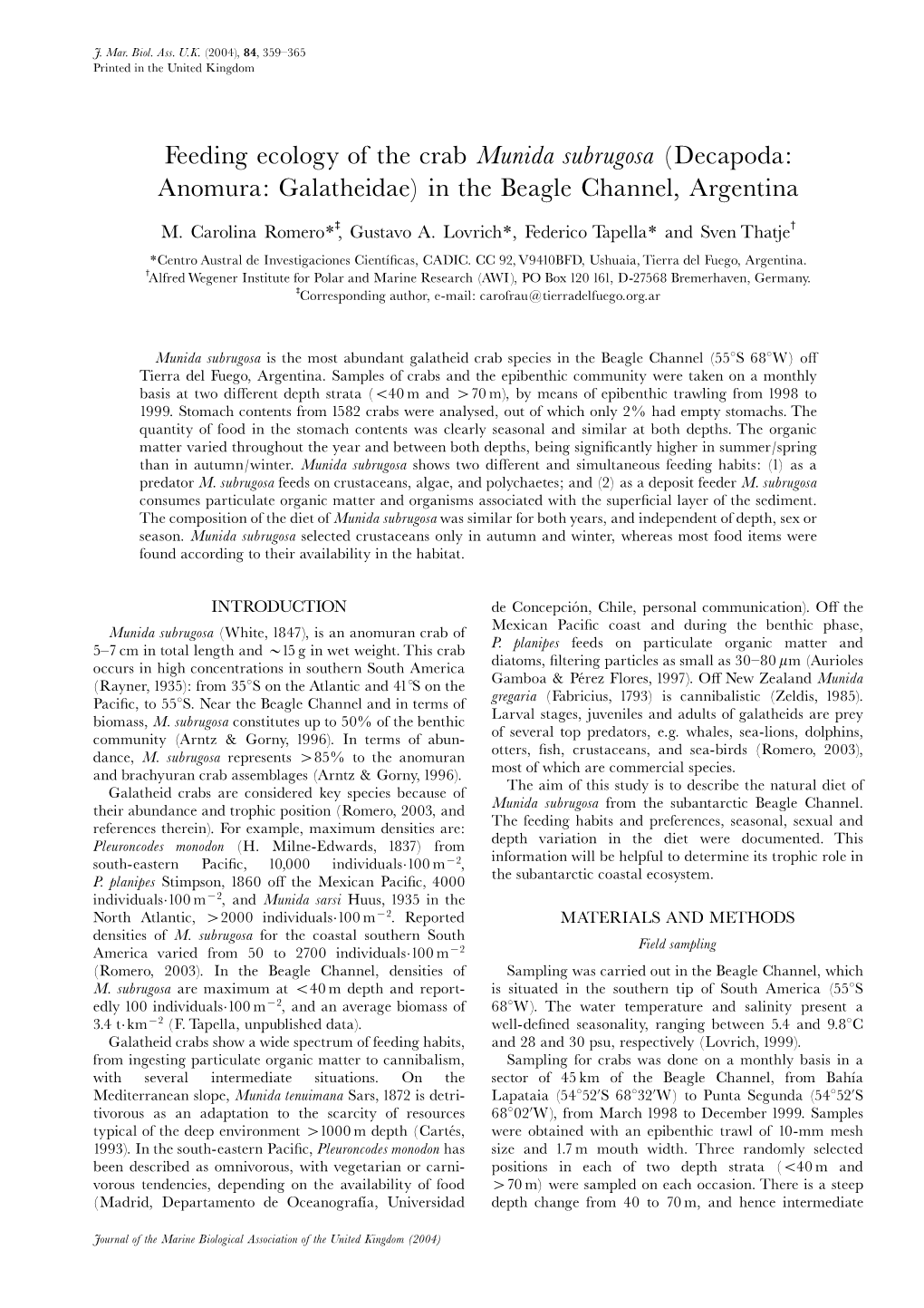 Feeding Ecology of the Crab Munida Subrugosa (Decapoda: Anomura: Galatheidae) in the Beagle Channel, Argentina