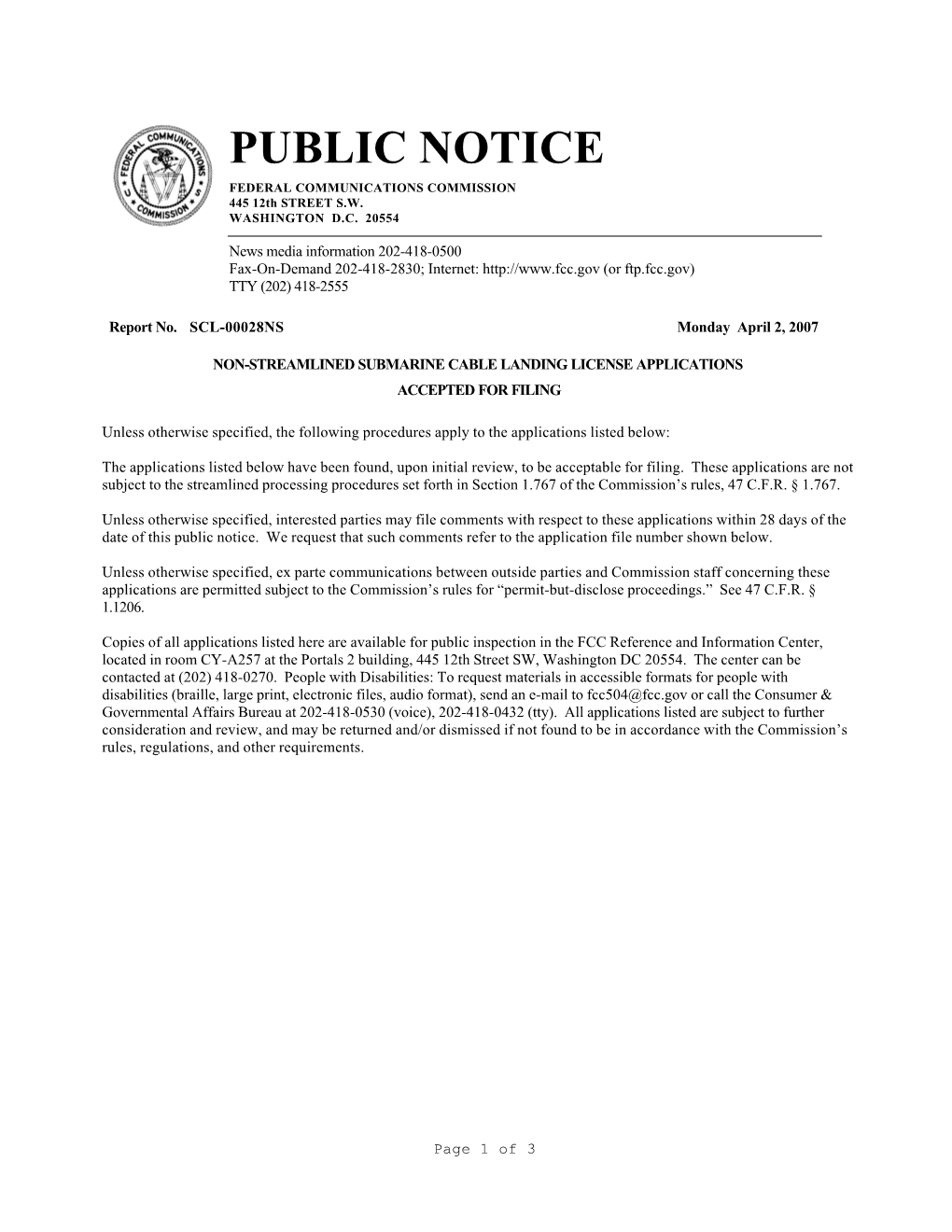 PUBLIC NOTICE FEDERAL COMMUNICATIONS COMMISSION 445 12Th STREET S.W